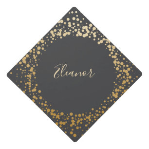 Black Grey Ombre Gold Confetti Dots Personalized Graduation Cap Topper