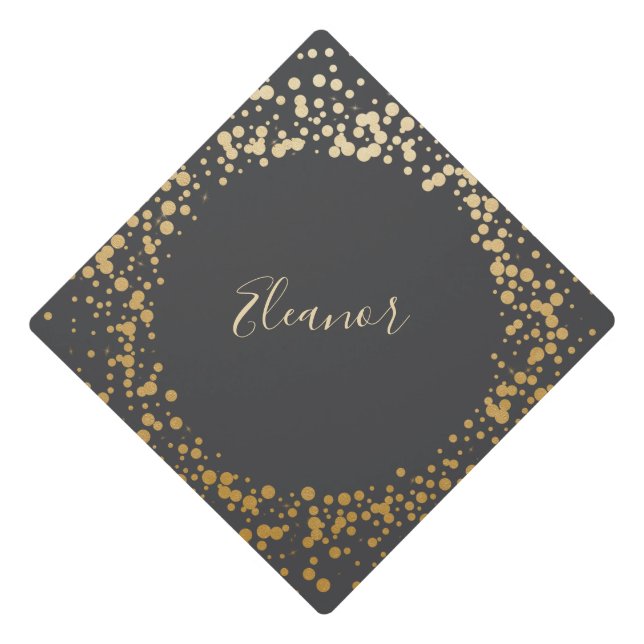 Black Grey Ombre Gold Confetti Dots Personalized Graduation Cap Topper (Front)