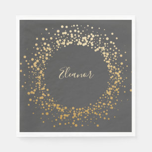 Black Grey Ombre Gold Confetti Dots Personalized Napkin