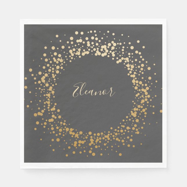 Black Grey Ombre Gold Confetti Dots Personalized Napkin (Front)