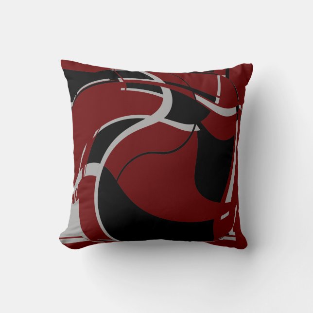 Black Grey on Burgundy Swirling MCM Look Art Motif Throw Pillow (Front)