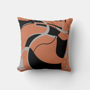Black Grey on Burnt Orange Swirling Abstract Motif Throw Pillow