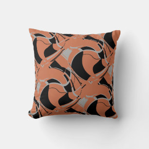Black Grey on Burnt Orange Swirling Large Tiles Throw Pillow