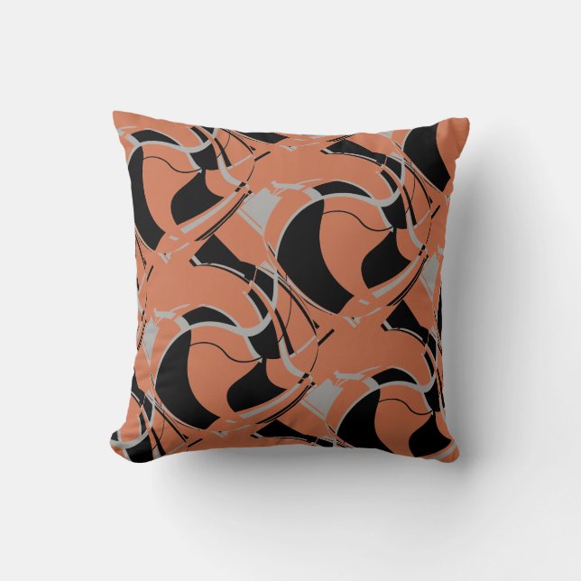 Black Grey on Burnt Orange Swirling Large Tiles Throw Pillow (Front)