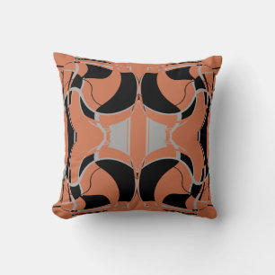 Black Grey on Burnt Orange Symmetrical Pattern Throw Pillow