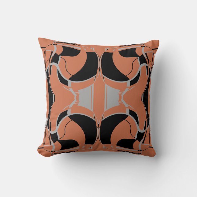 Black Grey on Burnt Orange Symmetrical Pattern Throw Pillow (Front)