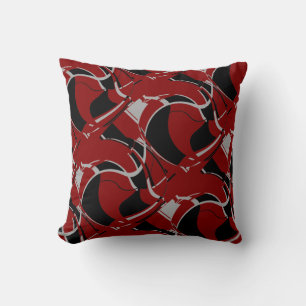 Black Grey on Dark Red Swirling Art Circle Tiles Throw Pillow