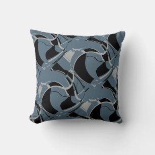 Black Grey on Slate Blue Swirling Art Circles Moti Throw Pillow