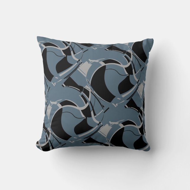 Black Grey on Slate Blue Swirling Art Circles Moti Throw Pillow (Front)
