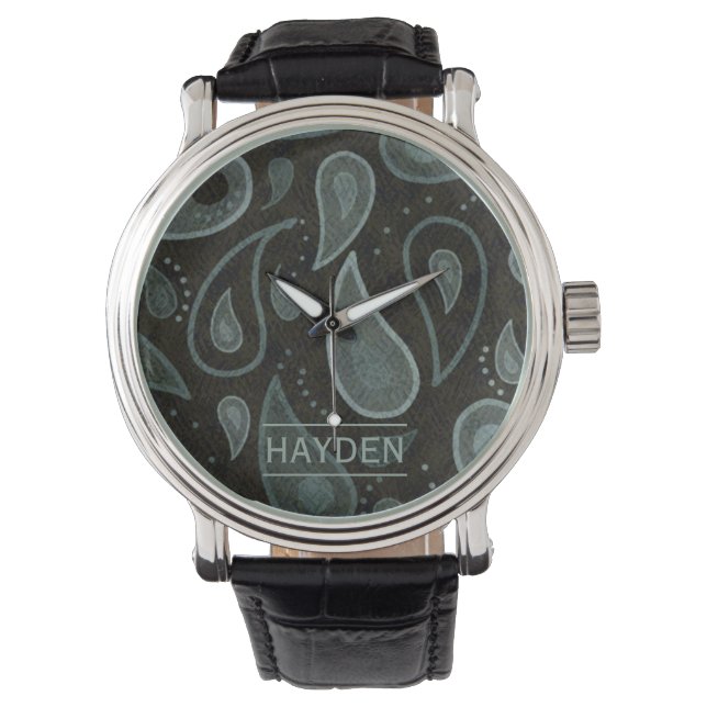 Black Grey Paisley Pattern Elegant Personalised Watch (Front)