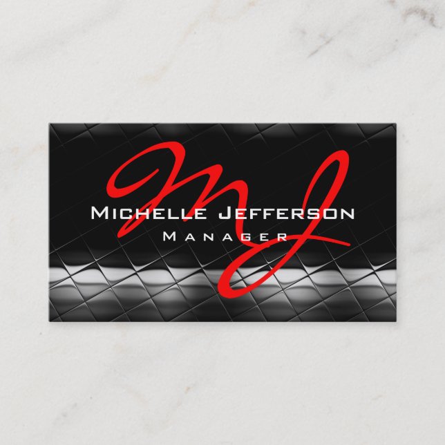 Black Grey Pattern Red Monogram Business Card (Front)