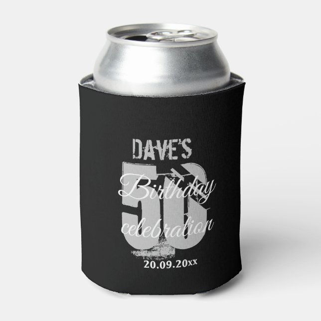 Black Grey Personalised 50th Any Birthday Party Can Cooler (Can Front)