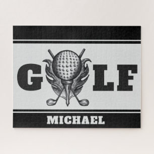 Black Grey Personalized GOLF Ball Tee Clubs Sports Jigsaw Puzzle