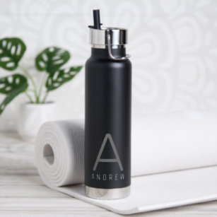 Black Grey Personalized Modern Simple Monogram Water Bottle