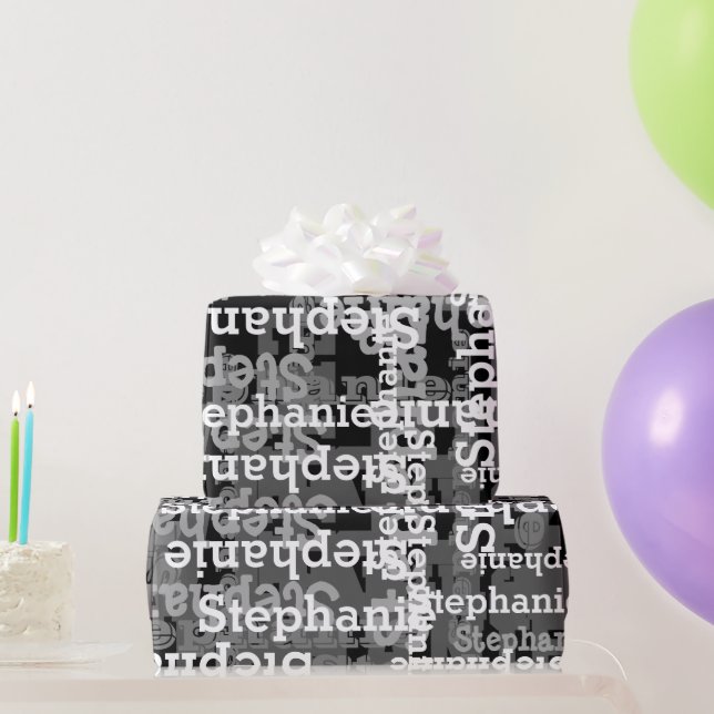 Black/Grey Personalized Name Collage Birthday Wrapping Paper (Party Gifts)