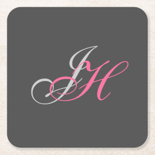 Black Grey Pink Monogram Simple Plain Square Paper Coaster