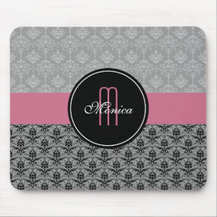 Black Grey Pink Vintage Floral Damasks Monogrammed Mouse Pad