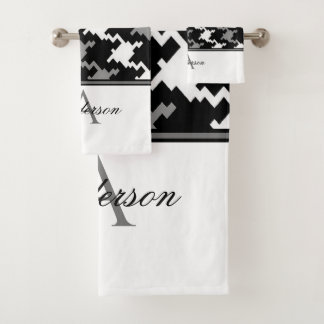 Black Grey Plaid Monogram   Bath Towel Set