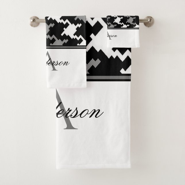Black Grey Plaid Monogram   Bath Towel Set (Insitu)