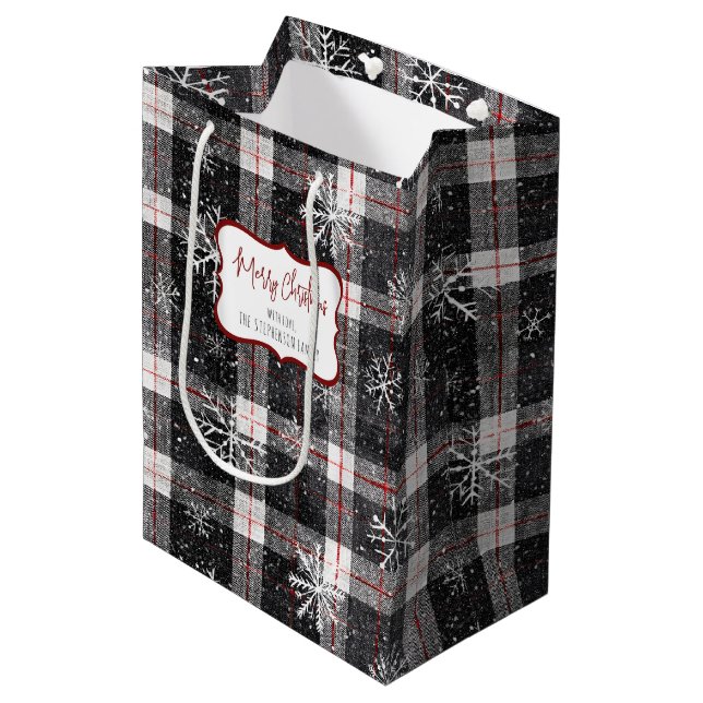 Black Grey Plaid Snowflakes Personalized Medium Gift Bag (Front Angled)