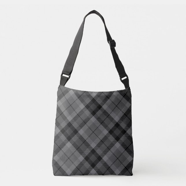 Black Grey Plaid Stripes Tartan Pattern Crossbody Bag (Front)