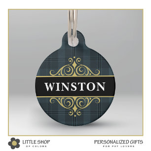 Black Grey Plaid Tartan Customized Pet Tag
