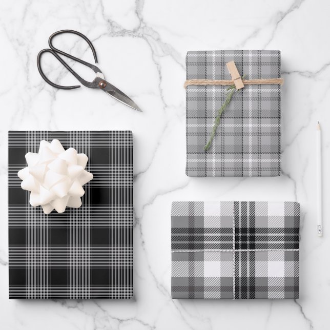 Black & Grey Plaid Wrapping Paper Sheet Set (Front)