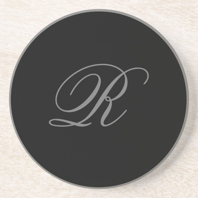 Black Grey Plain Minimalist Add Initial Monogram Coaster (Front)