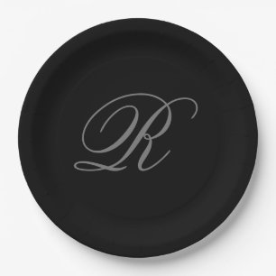 Black Grey Plain Minimalist Add Initial Monogram Paper Plate