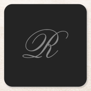 Black Grey Plain Minimalist Add Initial Monogram Square Paper Coaster
