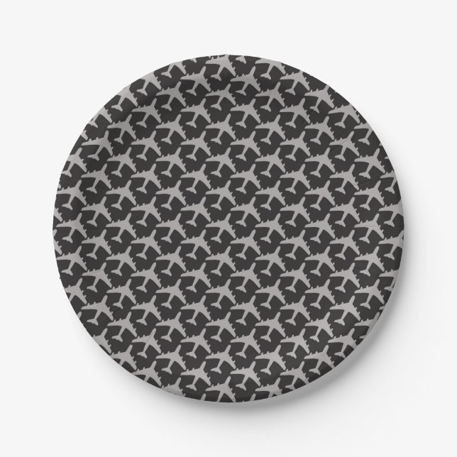 Black Grey Plane Airplanes Pilot Plane Aviation Paper Plate (Front)