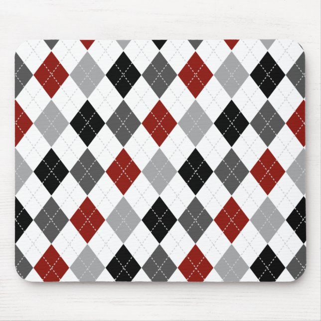 Black, Grey, Red, and White Argyle Preppy Mousepad (Front)