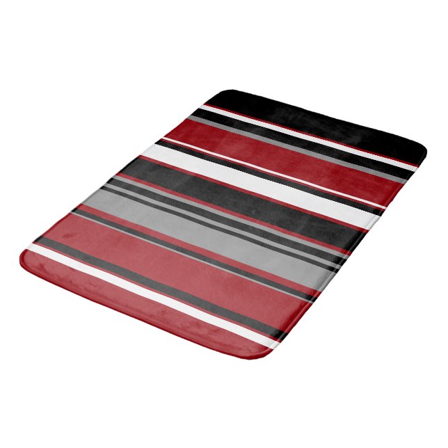 Black, Grey Red and White Stripes Bath Mat (Angled)