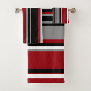 Black, Grey Red and White Stripes Bath Towel Set