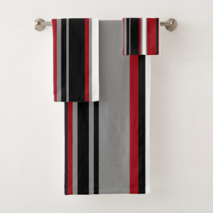 Black, Grey Red and White Stripes Bath Towel Set
