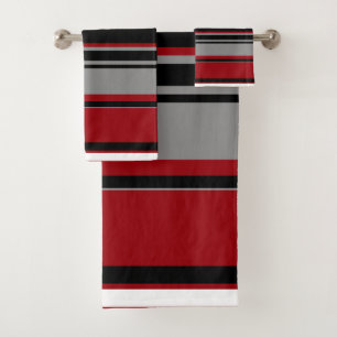 Black, Grey Red and White Stripes Bath Towel Set