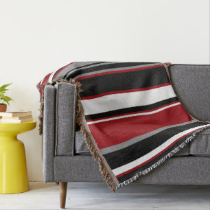 Black, Grey Red and White Stripes   Throw Blanket