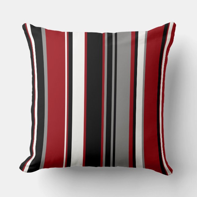 Black, Grey Red and White Stripes Throw Pillow (Front)