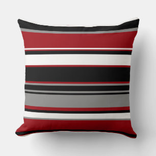 Black, Grey Red and White Stripes   Throw Pillow