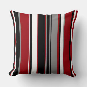Black, Grey Red and White Stripes Throw Pillow