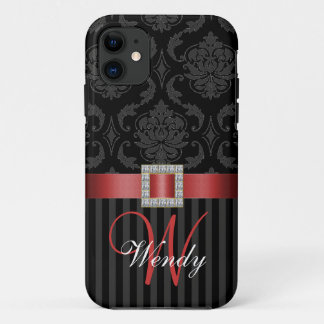 Black Grey Red Damask Stripes Pattern iPhone 11 Case