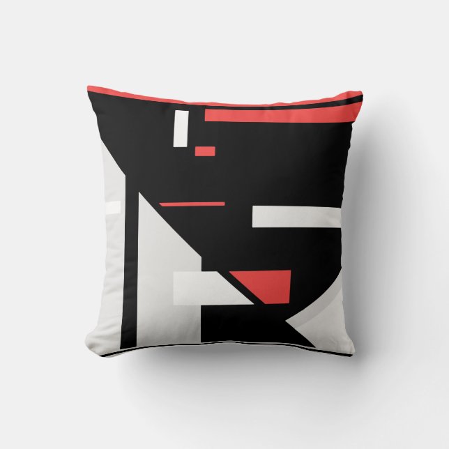 Black Grey Red White Geometric Abstract Design Throw Pillow (Front)