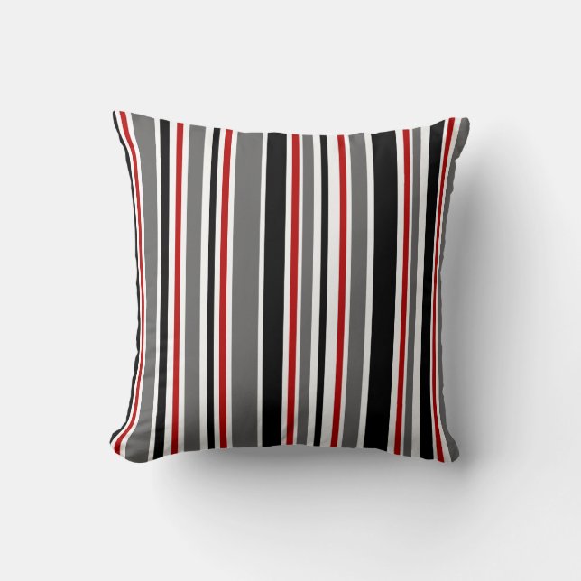 Black, Grey, Red, White, Stripes Throw Pillow (Front)