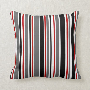Black, Grey, Red, White, Stripes Throw Pillow