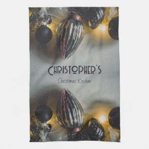 Black Grey Retro Christmas Ornaments Kitchen Towel