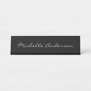 Black Grey Script Handwriting Name Minimalist Cute Desk Name Plate