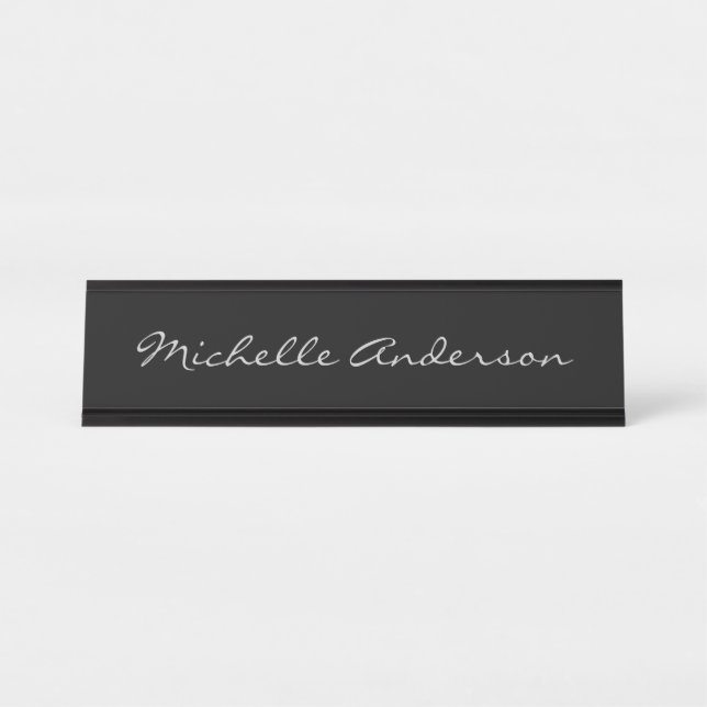 Black Grey Script Handwriting Name Minimalist Cute Desk Name Plate (Front)