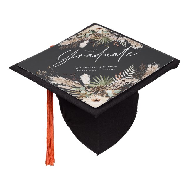 Black grey script pampas eucalyptus elegant decor graduation cap topper (Angled)