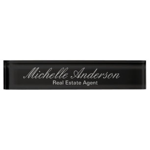 Black Grey Script Real Estate Agent Nameplate