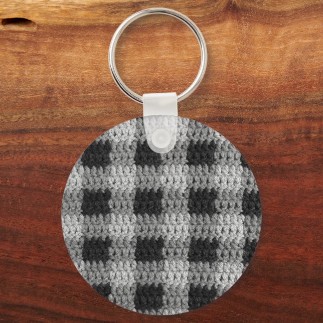 Black Grey Shades Business Plaid Crochet Print on Keychain (Front)